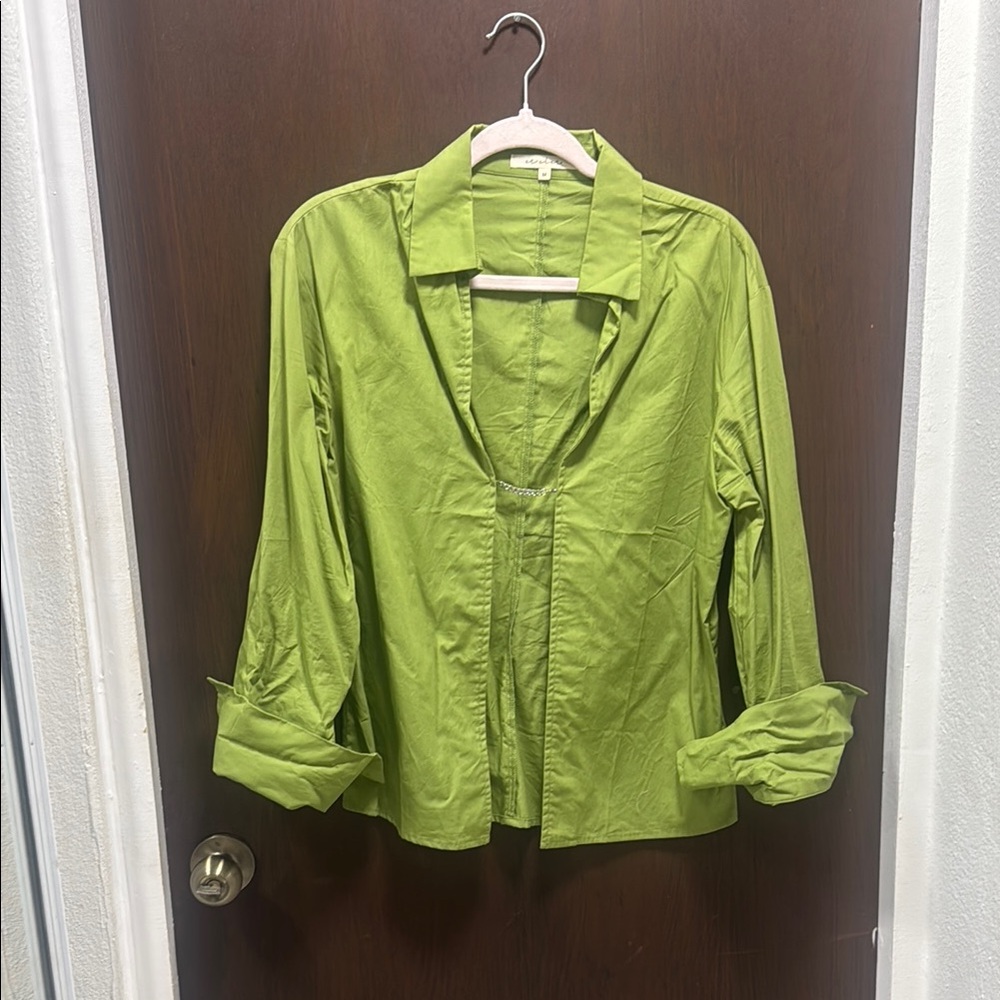 REVOLVE Green Button Down Shirt with Cuffed Sleeves and Tie Front